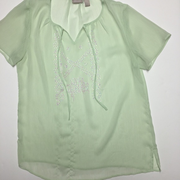 Chico's Women's Sheer Green SS Top Size 1 - Picture 2 of 6